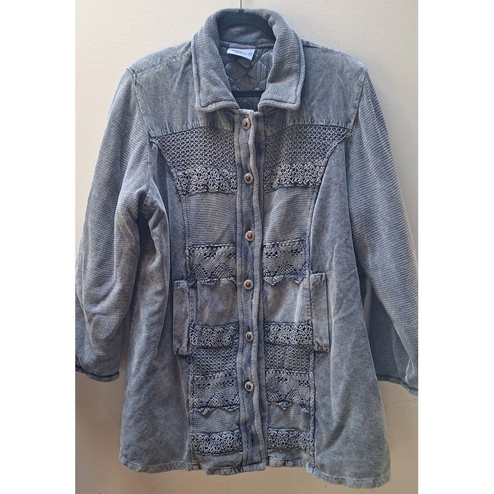 Marilu Italy Gray Acid Wash Cotton Crochet Lace Quilted Button Front Jacket L/XL